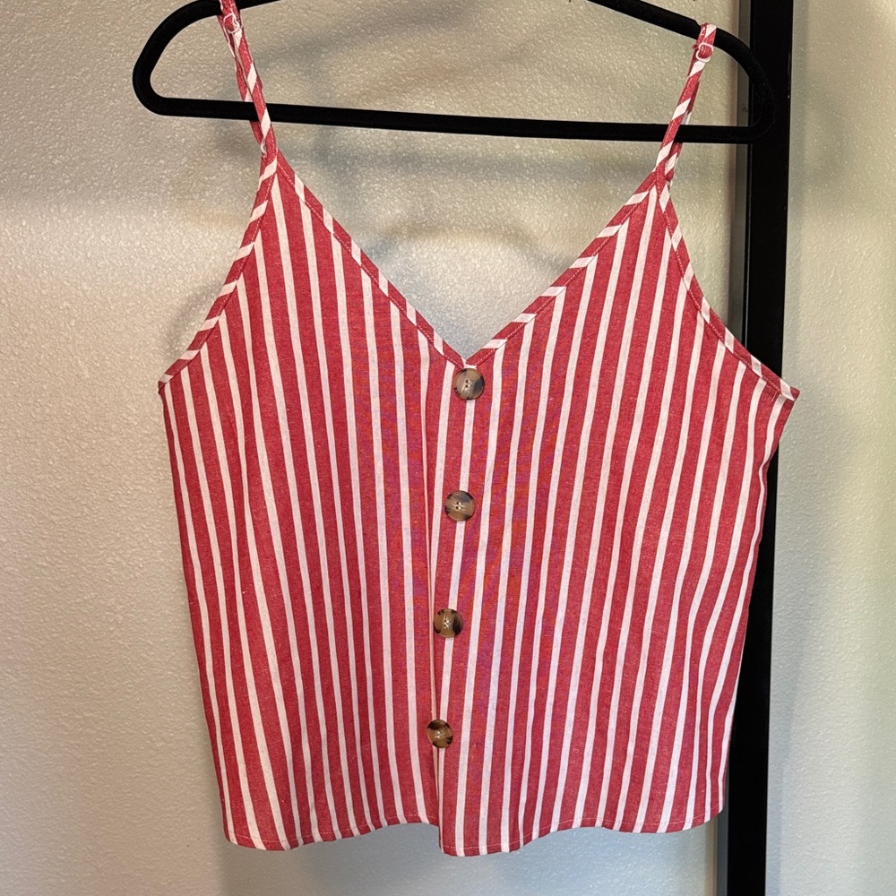 SHEIN Red and White Vertical Stripe Button-Front Cami